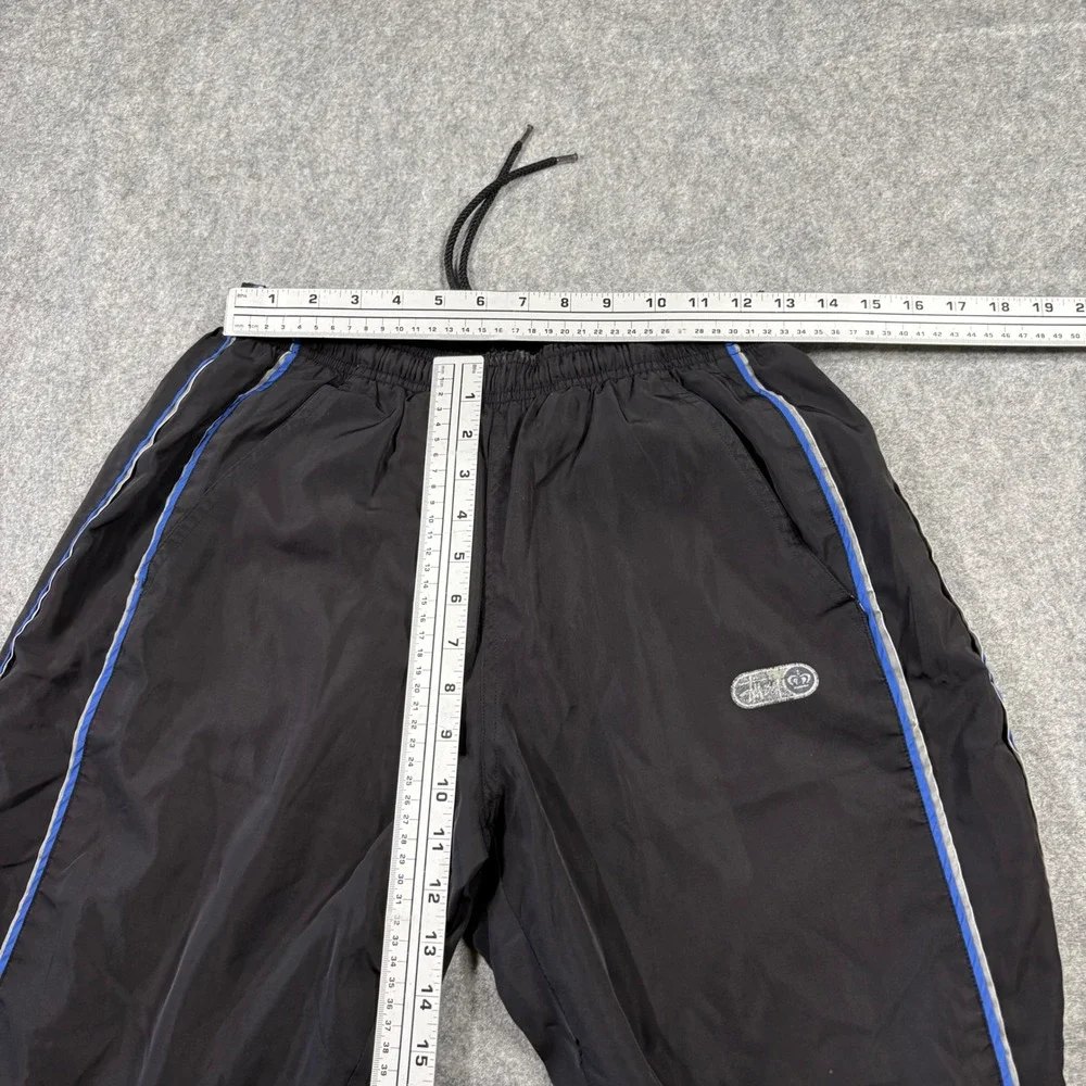 90s Stussy Mens Black Nylon Track Pants Blue Side Stripe Mesh Lined Size Medium